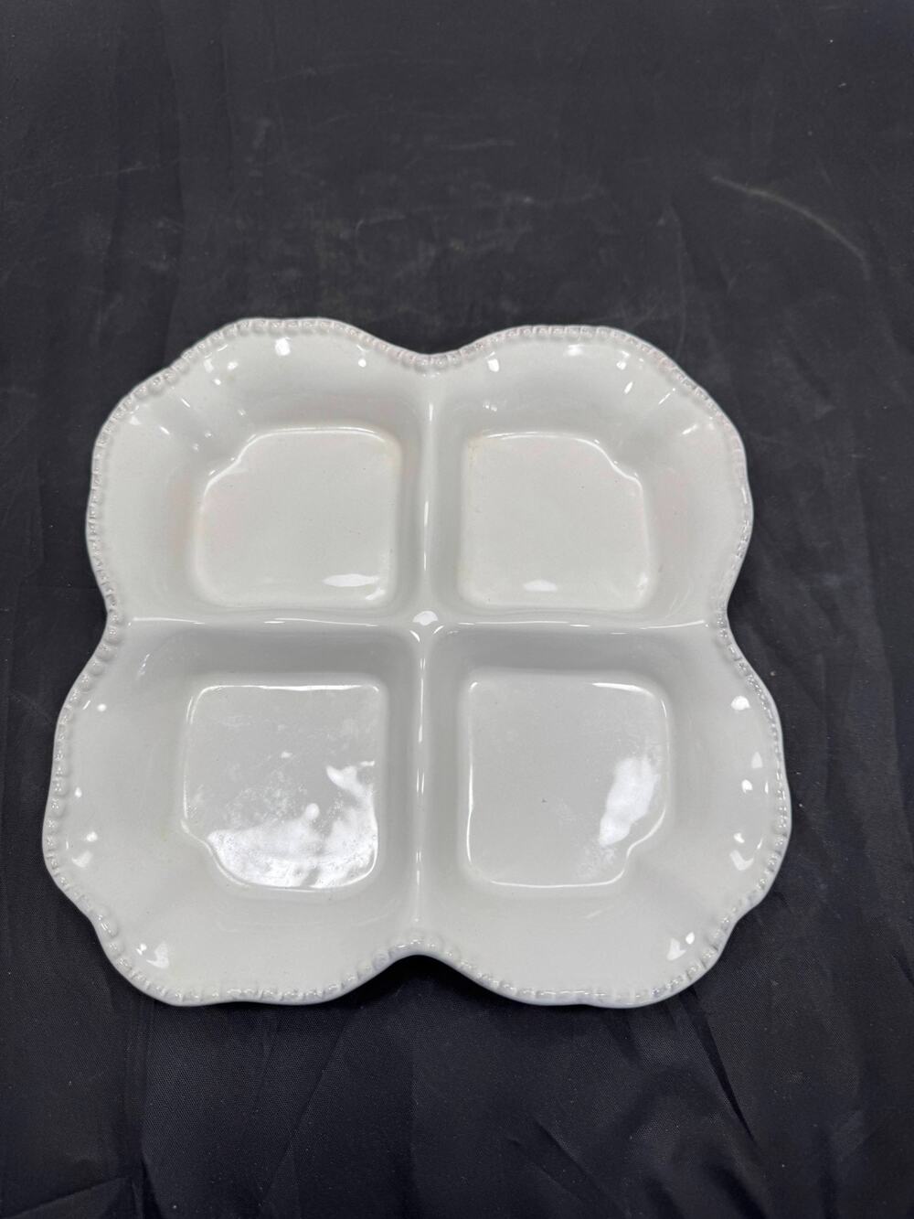 American Atelier Bianca Bead White Ceramic 4-Way Divided Relish Dish 9.5"